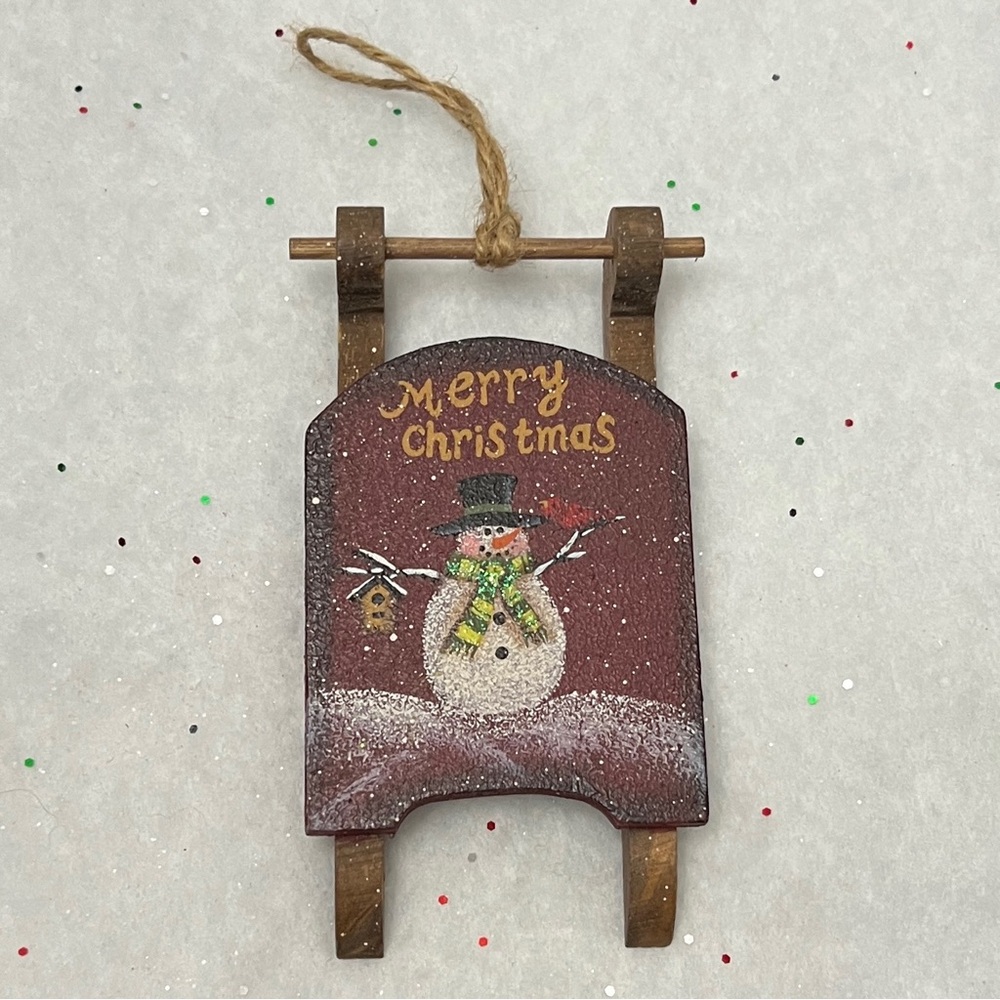 Rustic Merry Christmas Snowman Wooden Sled Tree Ornament